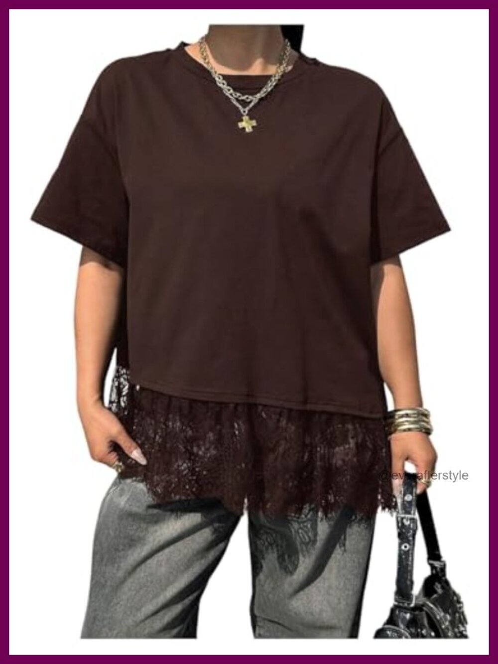 Womens Plus Size Lace Trim Short Sleeve Crewneck Loose Fit Summer Tee